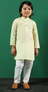 Cotton Chickankari Yellow Kurta with White Pants
